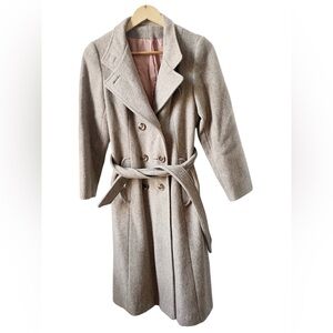 Vintage Women's Fashionbilt Wool Double Breasted Belted Mid Peacoat Beige Size S